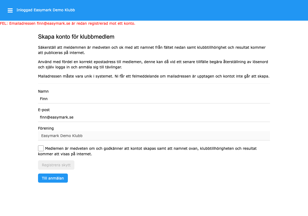 Felmeddelande vid redan registrerad e-post